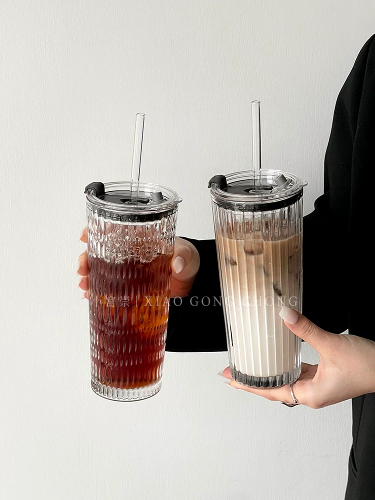 Cốc thủy tinh có ống hút dung tích lớn, cốc cà phê latte đá trong suốt cao cấp, cốc nước gia dụng có nắp dùng cho văn phòng
