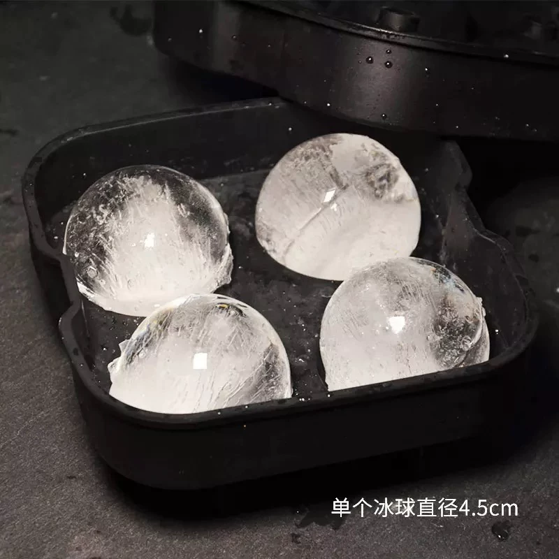 Khay làm đá viên hình cầu bốn ngăn có nắp, khay làm đá viên tròn bằng silicon dành cho rượu whisky, khuôn làm đá viên hình cầu cho bartender.