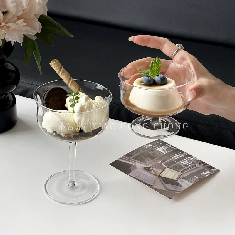 Ly kem sọc dọc mùa hè, ly kem kiểu ins đơn giản, ly thủy tinh cao, ly sữa chua, ly pudding