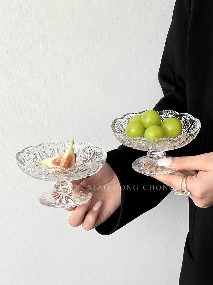 Đĩa trái cây cao cấp, đĩa thủy tinh cao nhỏ nhắn tinh tế, đĩa đựng kẹo và đồ ăn nhẹ, đĩa trái cây, đĩa tráng miệng dùng trong gia đình.