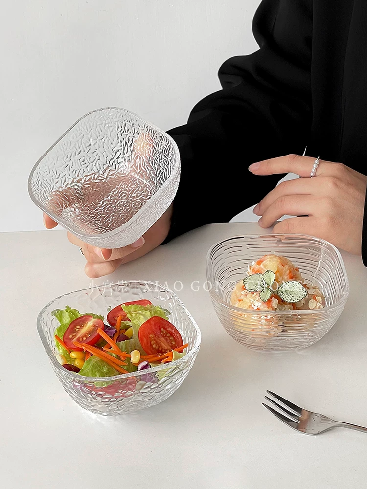 Ins trong suốt bát thủy tinh bát đựng trái cây nhà phòng khách cao cấp vuông bát đựng món tráng miệng bát salad bộ đồ ăn bát ăn sáng