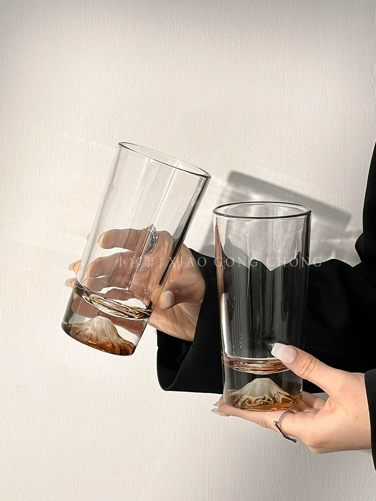 Ly thủy tinh phong cách Ins, ly ngắm núi Amber, ly núi Phú Sĩ, ly nước thủy tinh cao cấp, ly rượu whisky gia dụng, ly cà phê