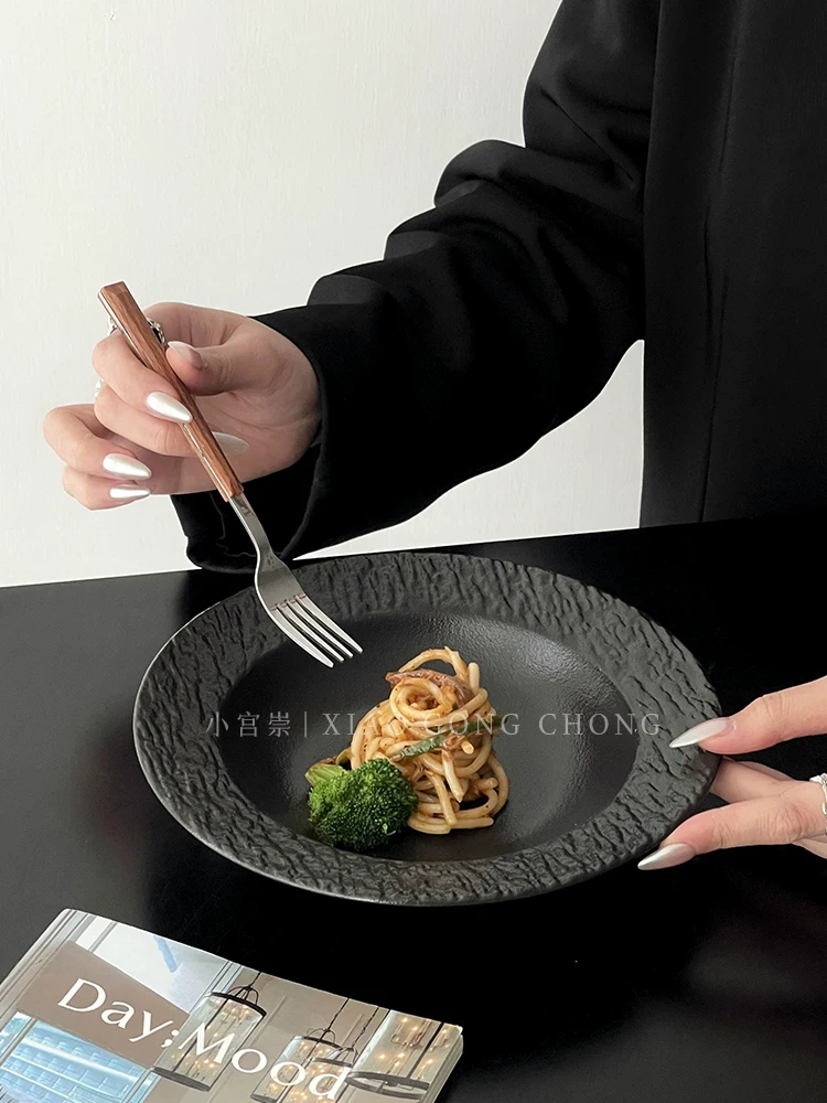 Đĩa mũ rơm hoa văn đá cao cấp màu trắng tinh khiết, đĩa mì ống, đĩa gốm, đĩa gia dụng kiểu phương Tây, đĩa súp, đĩa sâu lòng, đĩa trái cây.