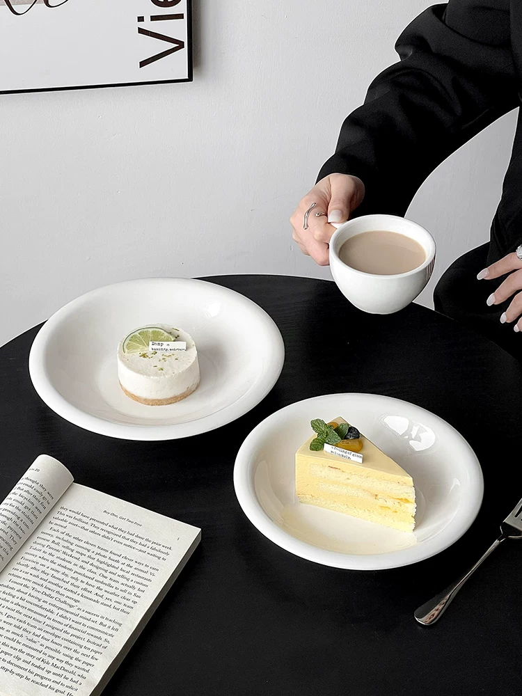 Đĩa sứ trắng kem kiểu Hàn Quốc, đĩa bánh tròn, đĩa tráng miệng, đĩa trái cây, đĩa salad