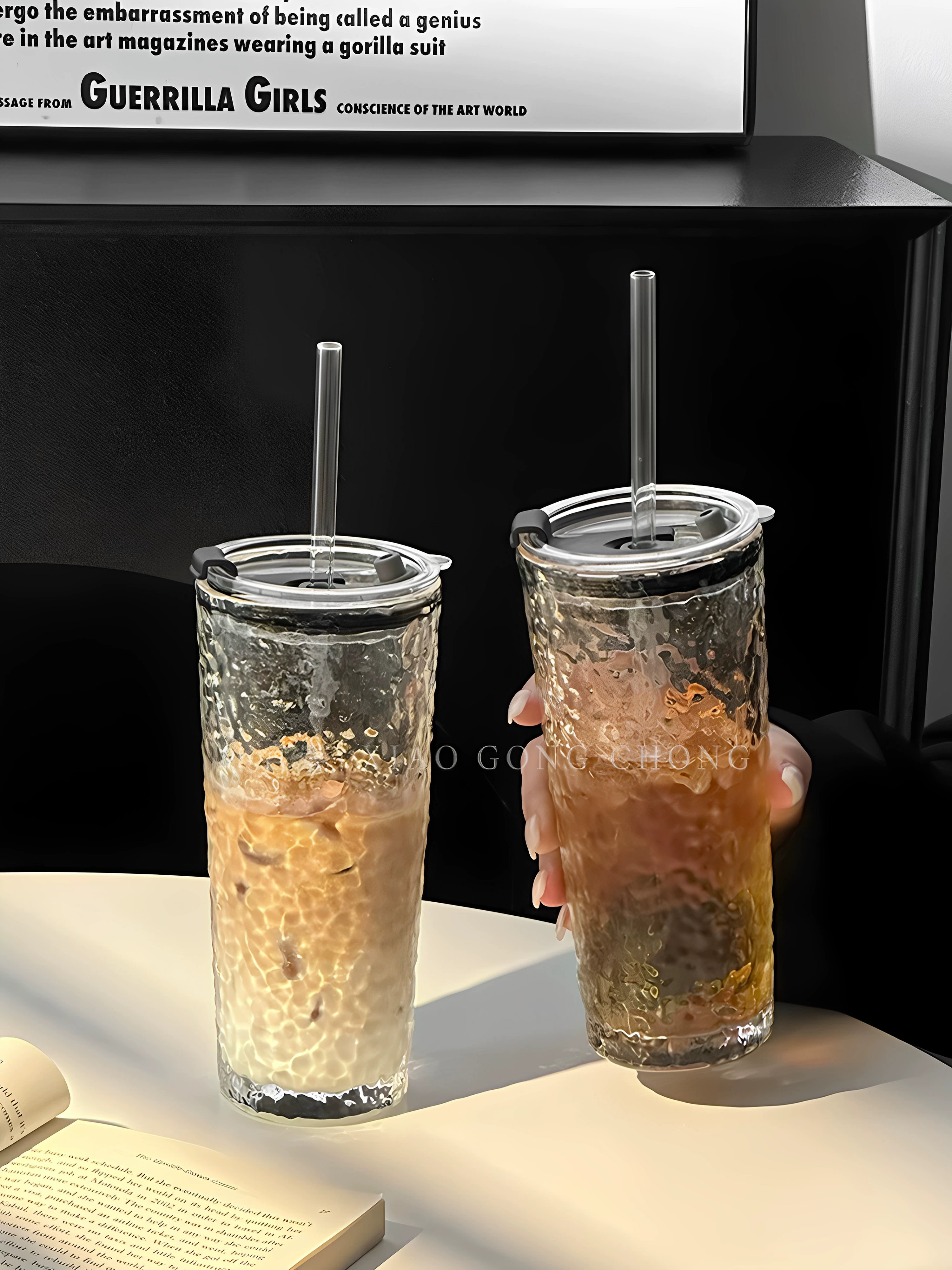 Cốc thủy tinh dung tích lớn, cốc cà phê latte đá kiểu Mỹ đẹp mắt dành cho nữ có nắp, cốc nước gia dụng, cốc uống nước lạnh