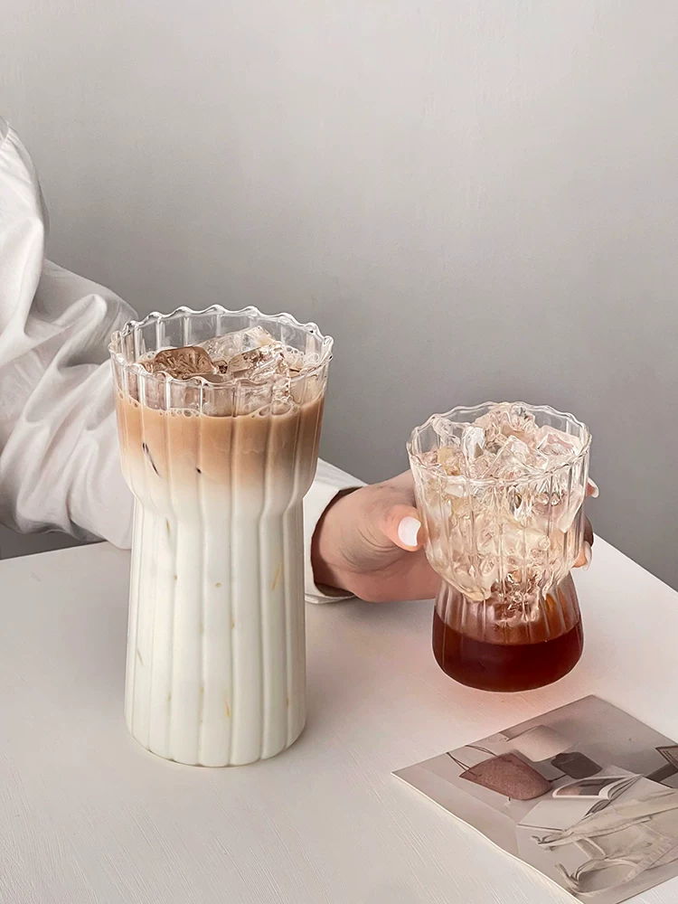 Ly thủy tinh sọc dọc phong cách Instagram, ly cà phê, ly latte đá kiểu cổ điển, ly sữa chịu nhiệt cao, ly nước.