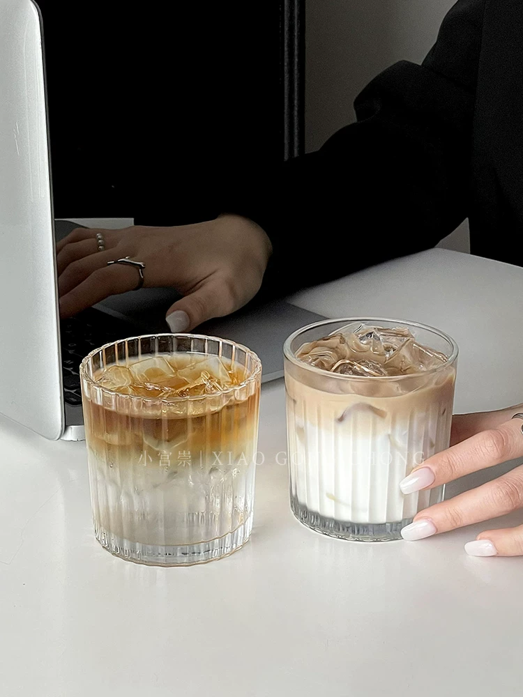 cốc cà phê đá latte kiểu Mỹ cổ điển phong cách ins cốc thủy tinh sọc cốc uống nước lạnh cốc nước trái cây cốc rượu whisky