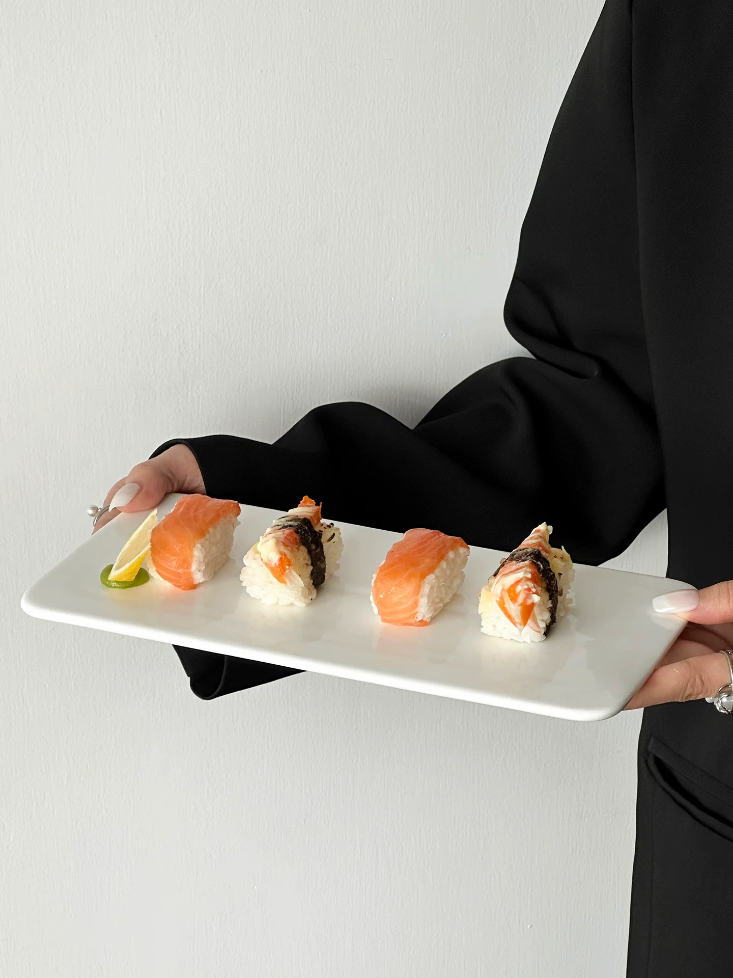 Đĩa sứ trắng tinh khiết, đĩa sushi hình chữ nhật cao cấp, đĩa bánh mousse, đĩa tráng miệng, đĩa bày món tráng miệng kiểu Tây