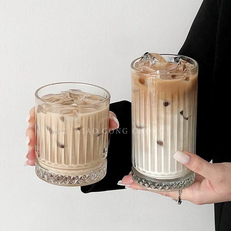 Ly cà phê đá kiểu Ins, ly thủy tinh sọc cổ điển dùng pha cà phê lạnh mocha, ly sữa, ly ăn sáng