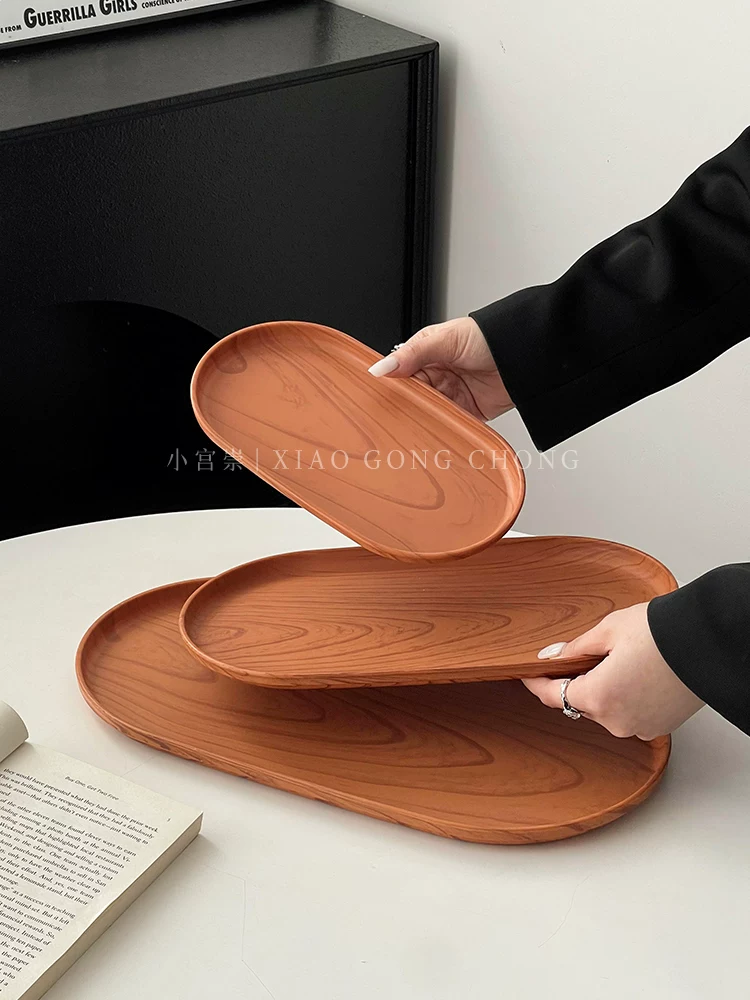 Khay hình bầu dục giả vân gỗ phong cách khay đựng đồ ăn nhẹ cà phê khay đựng bánh ngọt khay đựng trái cây đĩa ăn tối