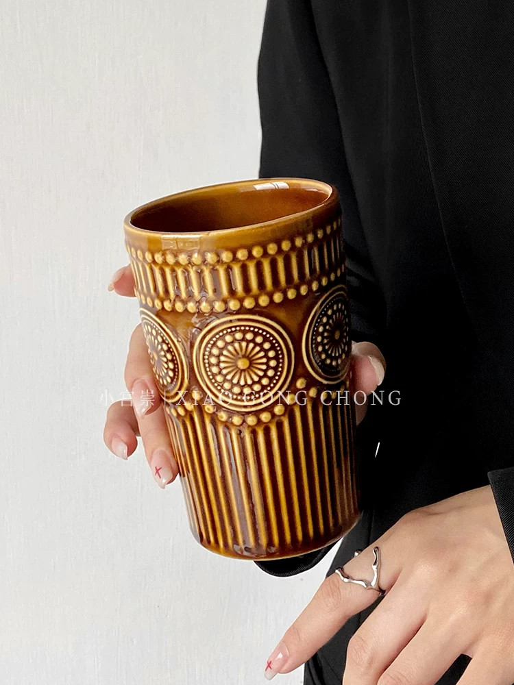 Ly sứ gốm cao cấp màu cà phê sữa cổ điển châu Âu, họa tiết hoa hướng dương nổi, ly cà phê, ly sữa, ly nước gia dụng