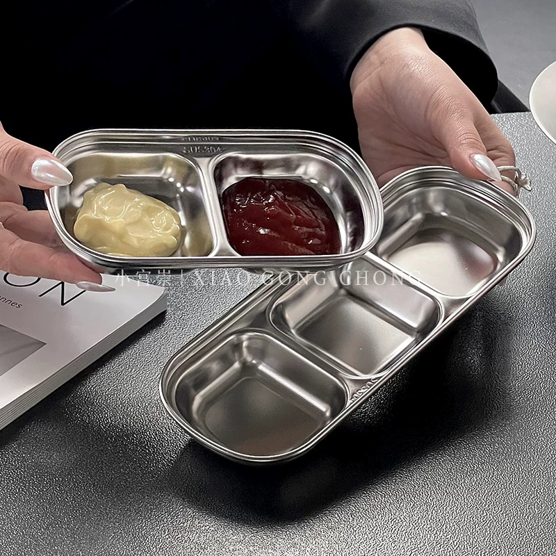 Đĩa chấm bằng thép không gỉ 304 kiểu INS kiểu Hàn Quốc có ngăn, đĩa đựng gia vị nướng, đĩa đựng món ăn kèm, đĩa đựng gia vị, bộ đồ ăn kiểu công nghiệp