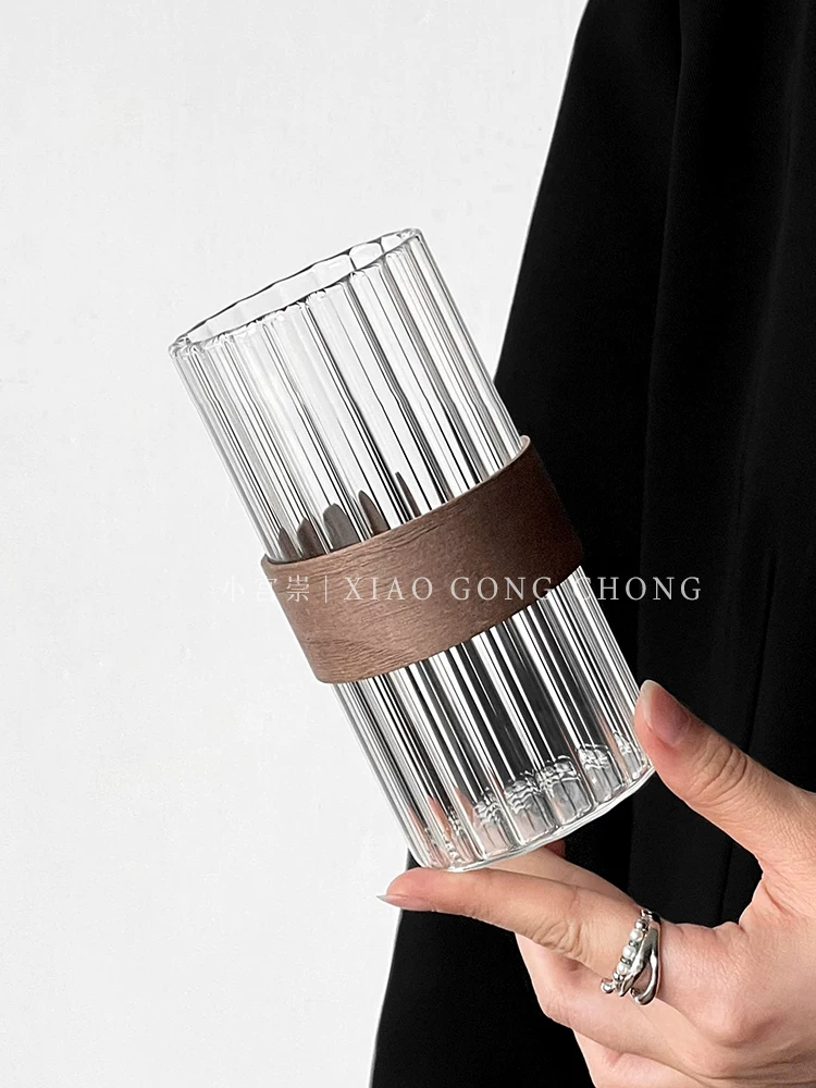 Ly cà phê treo tai chất lượng cao, ly cà phê đá Mỹ, ly thủy tinh sọc dọc gia dụng, ly trà cách nhiệt, ly uống nước.