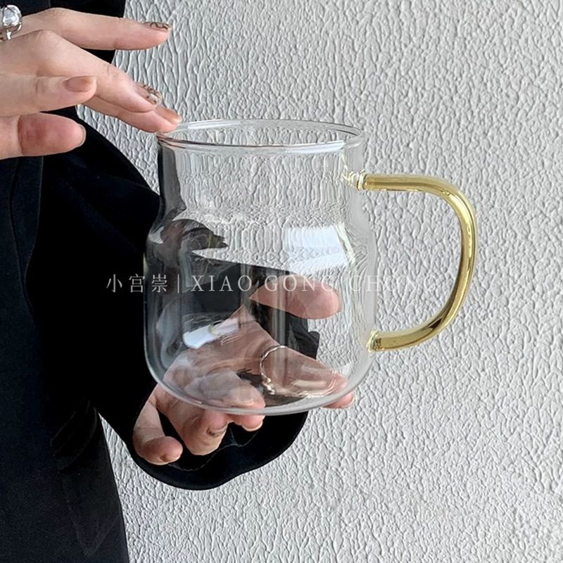 Cốc thủy tinh dung tích lớn có tay cầm, cốc nước chịu nhiệt bằng thủy tinh borosilicate cao cấp phong cách ins, cốc cà phê, cốc sữa, cốc nước ép.