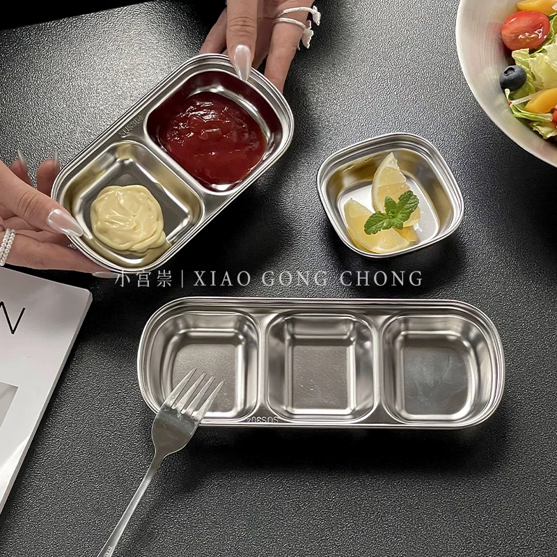 Đĩa chấm bằng thép không gỉ 304 kiểu INS kiểu Hàn Quốc có ngăn, đĩa đựng gia vị nướng, đĩa đựng món ăn kèm, đĩa đựng gia vị, bộ đồ ăn kiểu công nghiệp