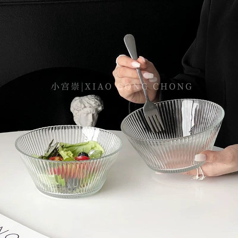 Bát thủy tinh sọc kiểu Hàn Quốc kiểu ins bát salad trái cây đơn giản bát mì ăn liền dung tích lớn bát ngũ cốc ăn sáng sữa chua