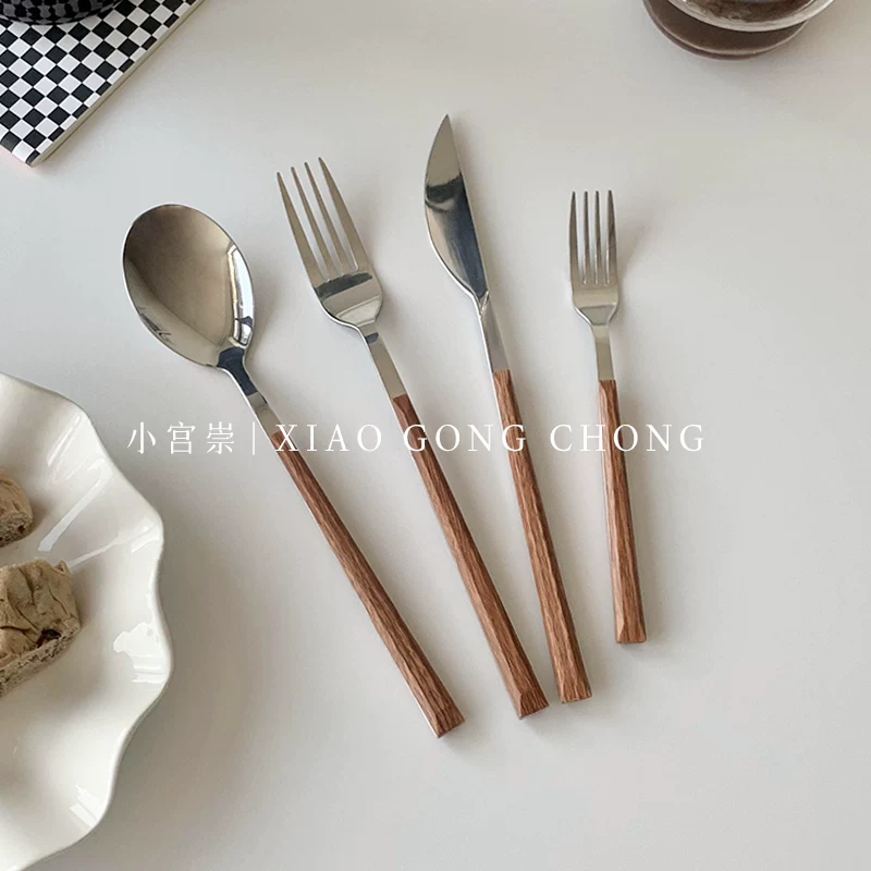 Dao dĩa kiểu Bắc Âu cổ điển, cán gỗ, thép không gỉ, bộ đồ ăn gia đình kiểu Tây, thìa súp, dao bít tết, thìa tráng miệng, dĩa
