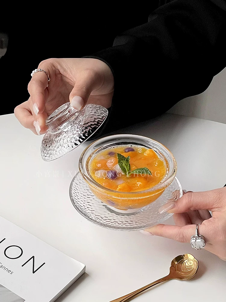 Cốc tổ chim có nắp, bát thủy tinh, bộ bát đĩa tráng miệng tinh tế kiểu Trung Hoa, bát súp nước đường nấm trắng chịu nhiệt gia dụng
