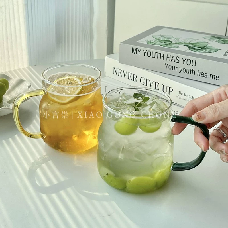 Cốc thủy tinh dung tích lớn có tay cầm, cốc nước chịu nhiệt bằng thủy tinh borosilicate cao cấp phong cách ins, cốc cà phê, cốc sữa, cốc nước ép.