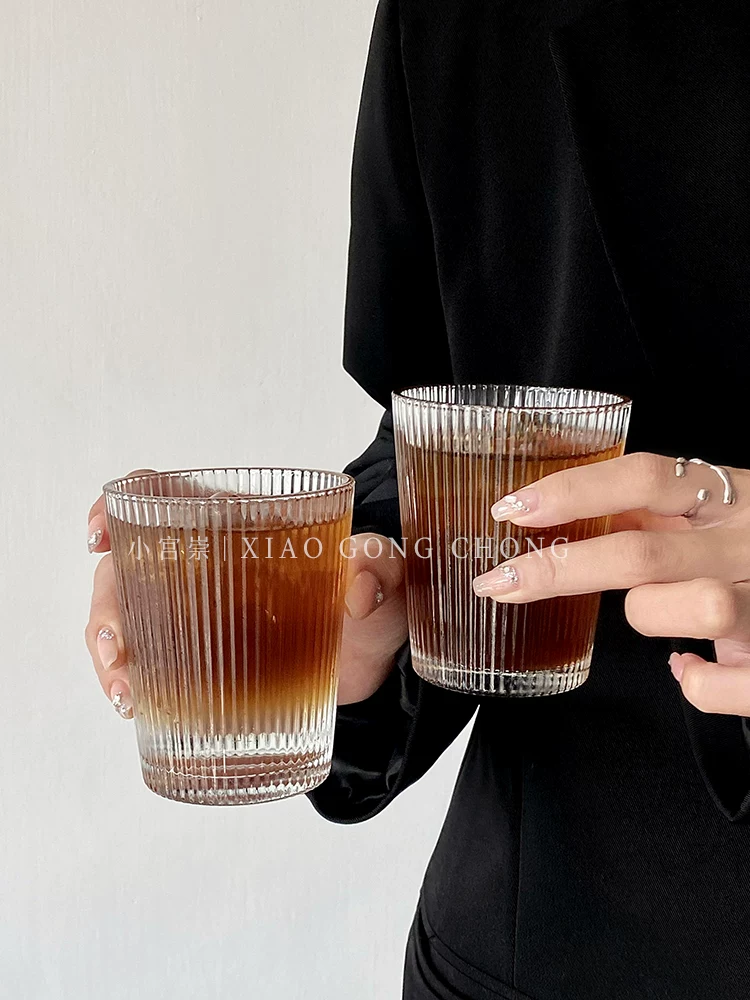 Ly thủy tinh sọc đơn giản kiểu Nhật, ly cà phê đá Americano, ly sữa phong cách ins, ly trà, ly nước gia dụng, ly nước giải khát.