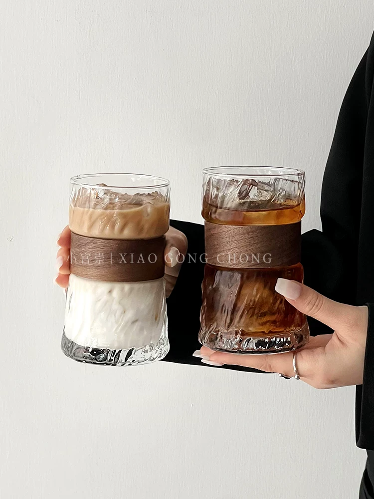 Ly cà phê treo tai phong cách Ins dùng trong nhà, chống bỏng, ly thủy tinh có vỏ tre cách nhiệt, ly latte đá kiểu cổ điển, ly trà.