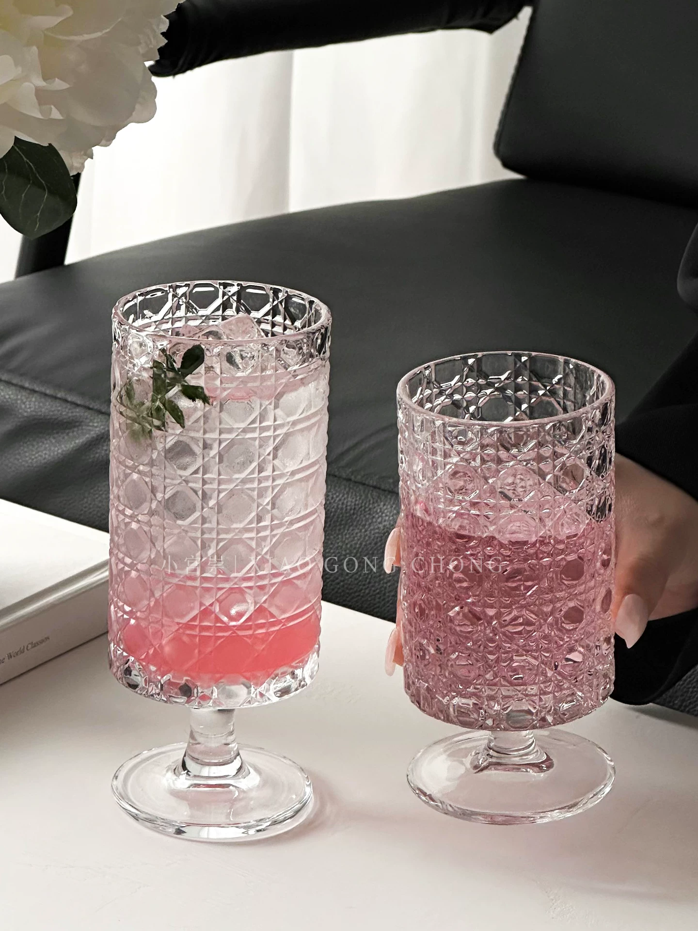 Ly nước cao họa tiết đá quý cổ điển, ly thủy tinh cao cấp gia dụng, ly cà phê đá Mỹ, ly uống nước, ly rượu