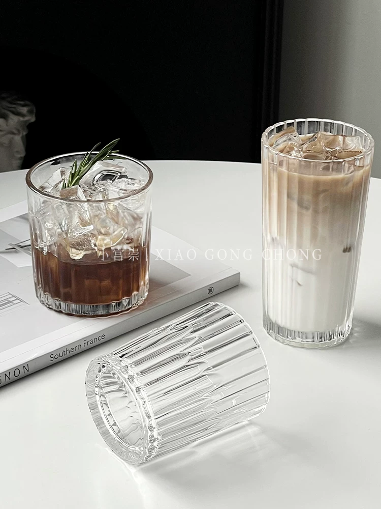 Ly thủy tinh cổ điển, ly cà phê đá kiểu Mỹ, ly latte đá sọc dọc phong cách ins, ly uống nước lạnh, ly sữa, ly nước ép