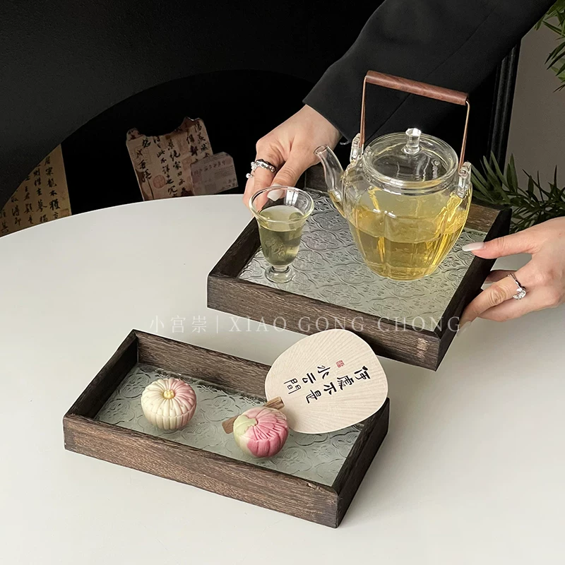 Khay thủy tinh hoa mẫu đơn kiểu Trung Hoa, đĩa gỗ hình chữ nhật cổ điển, khay đựng trái cây gia dụng, khay trà, khay đựng đồ