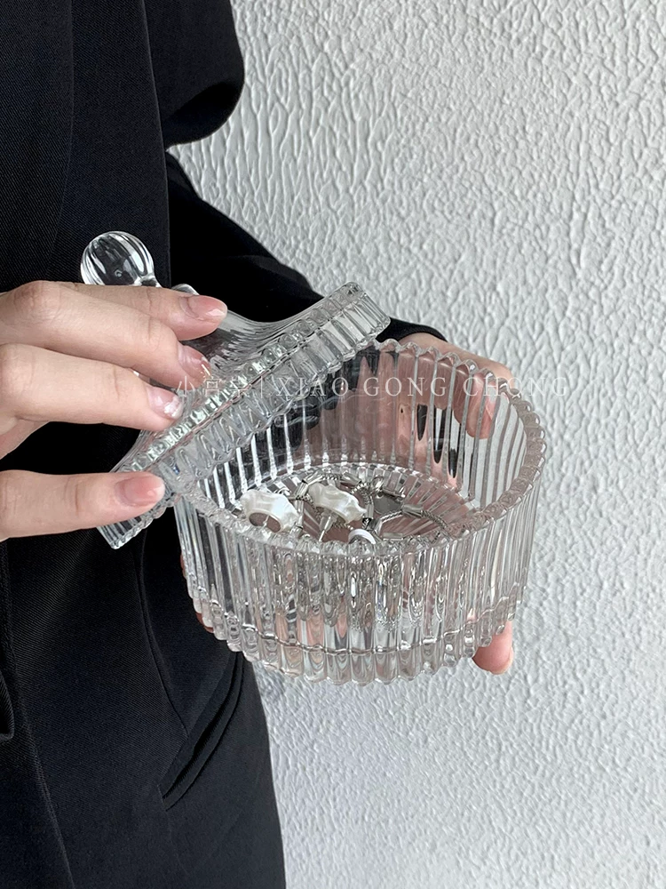 Hộp đựng đồ trang điểm phong cách Bắc Âu, lọ thủy tinh để bàn, hộp đựng đồ sọc, hộp đựng trang sức, đồ trang trí trang trí