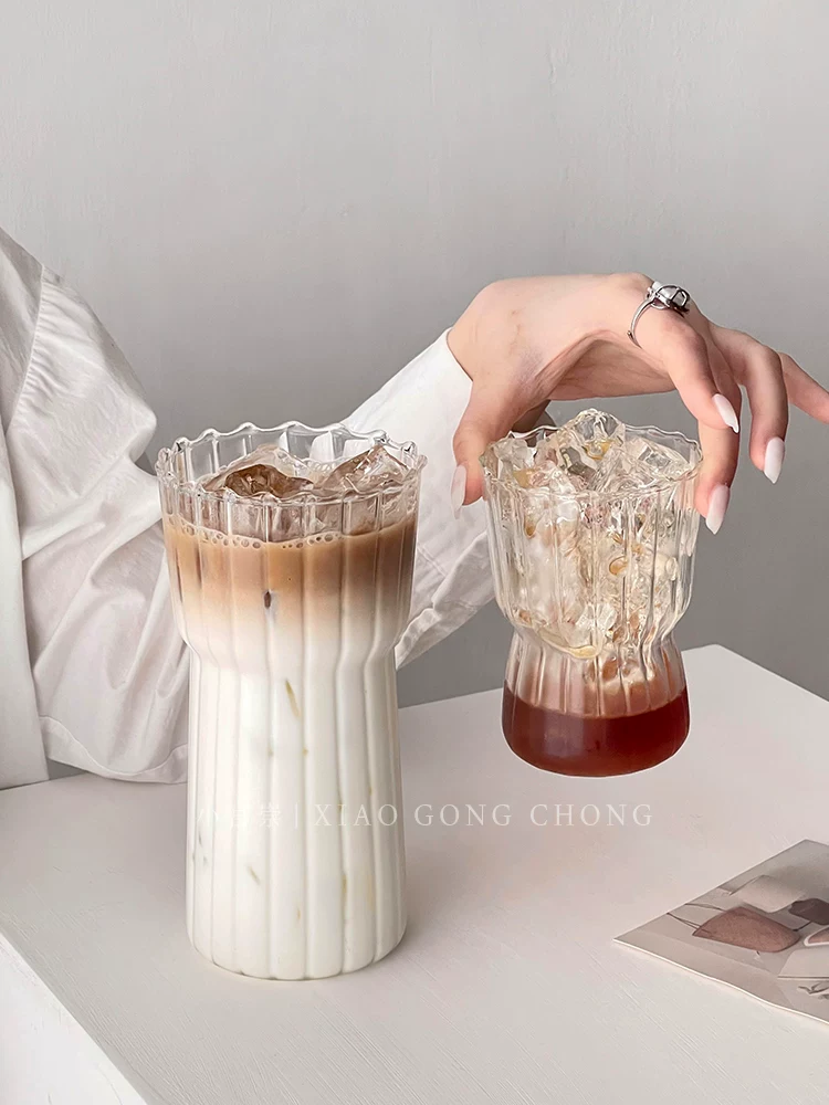 Ly thủy tinh sọc dọc phong cách Instagram, ly cà phê, ly latte đá kiểu cổ điển, ly sữa chịu nhiệt cao, ly nước.
