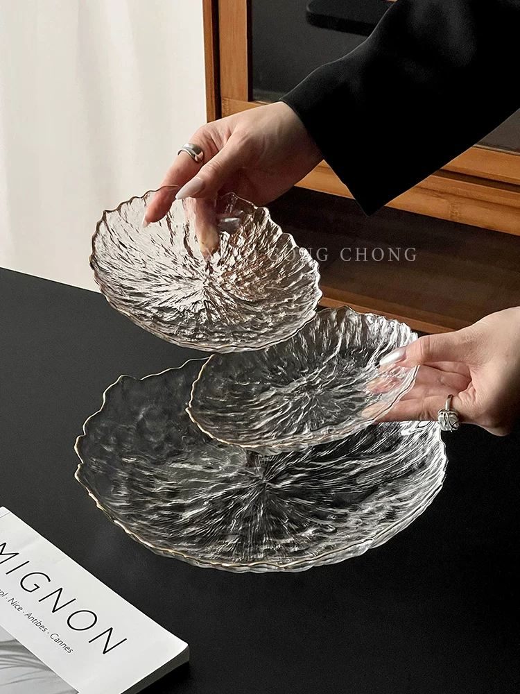 Đĩa trái cây dùng trong nhà, đặt trên bàn cà phê phòng khách, đĩa thủy tinh kiểu glacier mang lại cảm giác cao cấp, đĩa đựng kẹo nhẹ nhàng sang trọng, đĩa đựng hoa quả khô.