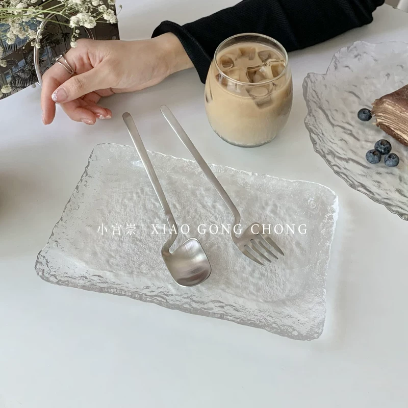 Đĩa thủy tinh hình dạng bất quy tắc phong cách Nhật Bản, đĩa ăn nhẹ gia đình, đĩa trái cây, khay tráng miệng tròn, đồ dùng trên bàn ăn