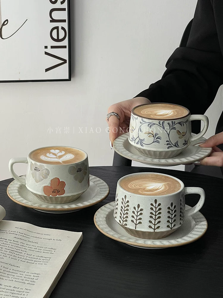 Tách và đĩa cà phê cổ điển, tách gốm sáng tạo, dùng trong nhà, tinh tế và cao cấp, cốc nghệ thuật latte bằng gốm thô, cốc ăn sáng