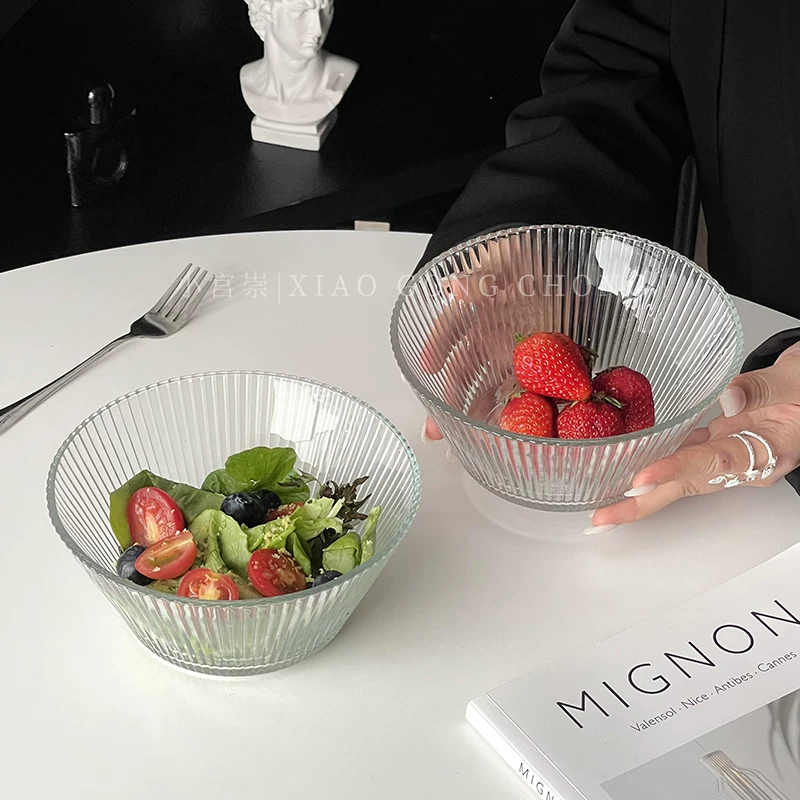 Bát thủy tinh sọc kiểu Hàn Quốc kiểu ins bát salad trái cây đơn giản bát mì ăn liền dung tích lớn bát ngũ cốc ăn sáng sữa chua