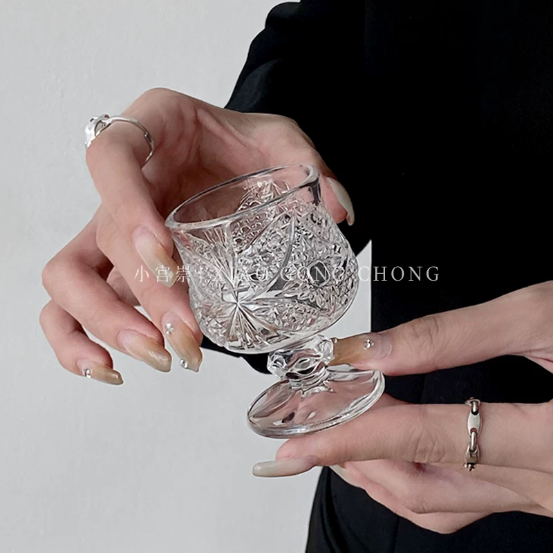 Ly rượu vang trắng khắc họa tiết cổ điển, ly rượu sake mini, ly rượu kiểu wabi-sabi, ly rượu nhỏ