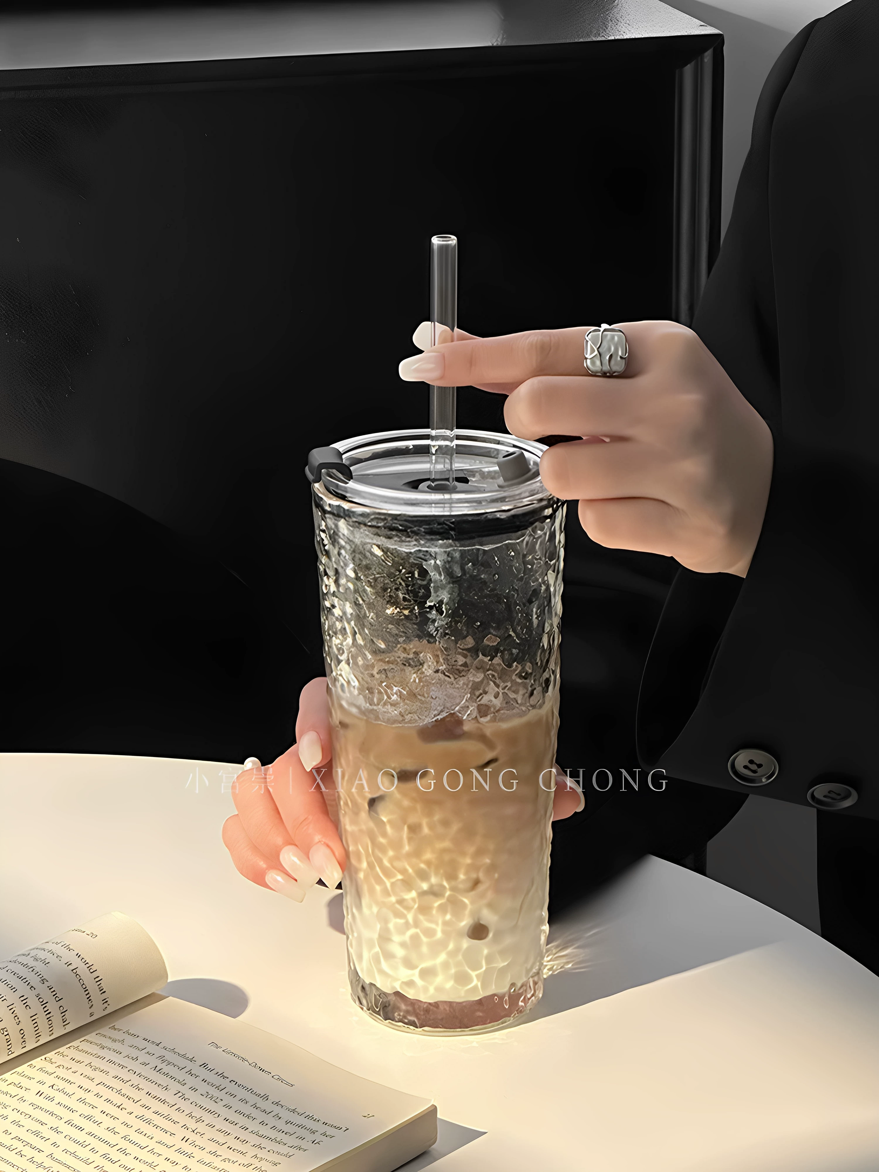 Cốc thủy tinh dung tích lớn, cốc cà phê latte đá kiểu Mỹ đẹp mắt dành cho nữ có nắp, cốc nước gia dụng, cốc uống nước lạnh