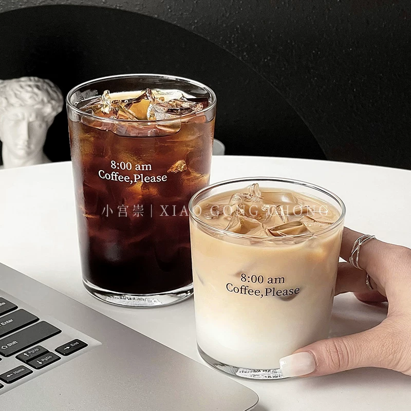 Ly cà phê sáng sớm, ly thủy tinh đựng latte đá trong suốt, ly sữa ăn sáng phong cách niche ins, ly uống nước.
