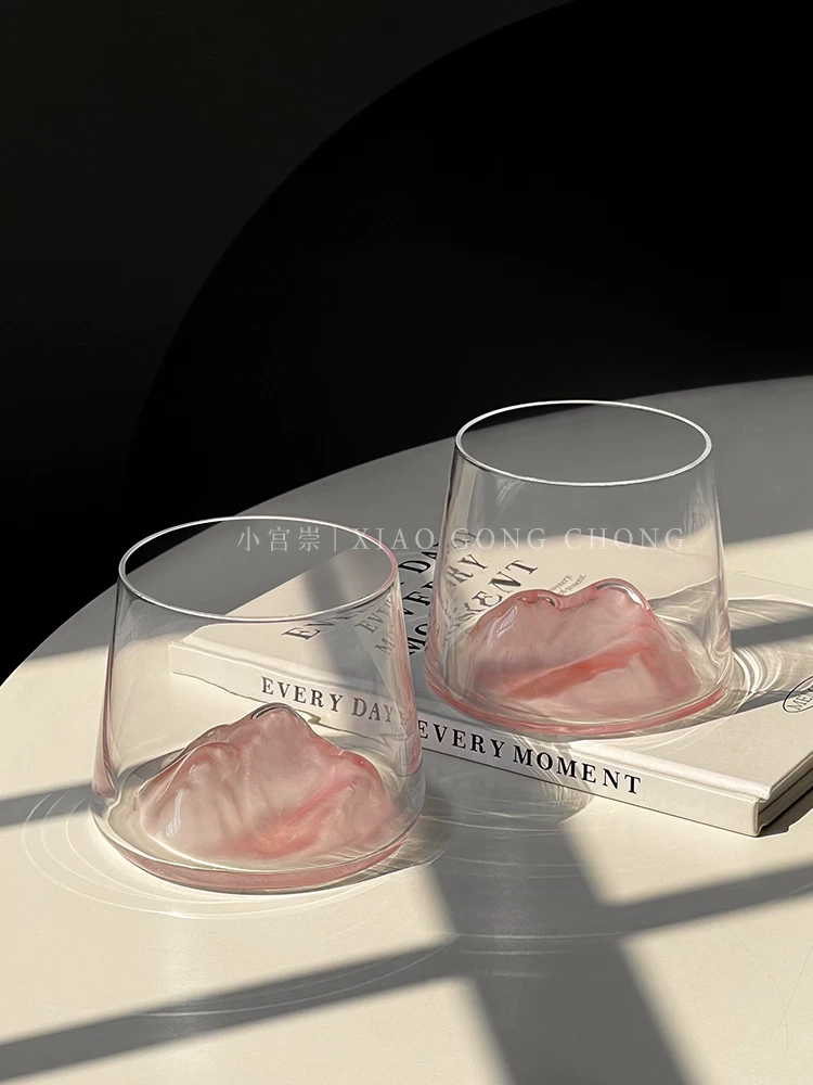 Ly núi Phú Sĩ phong cách Ins, ly ngắm núi màu hồng sáng tạo, ly thủy tinh cao cấp, ly rượu whisky, ly rượu mạnh