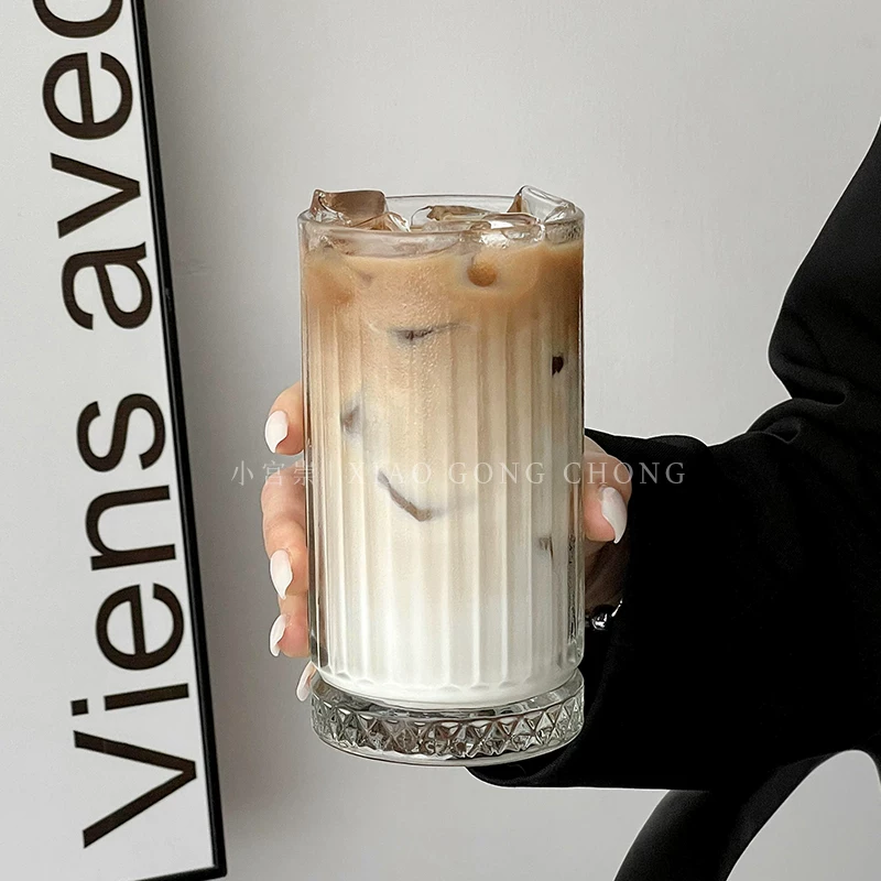 Ly cà phê đá kiểu Ins, ly thủy tinh sọc cổ điển dùng pha cà phê lạnh mocha, ly sữa, ly ăn sáng