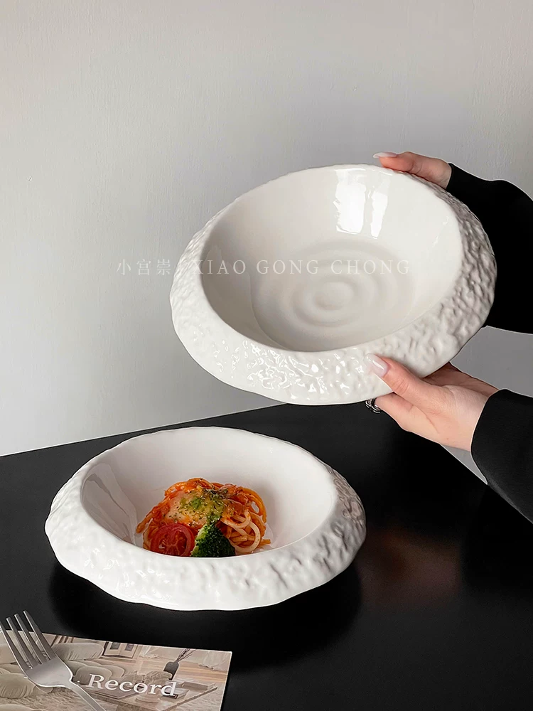 Đĩa gốm họa tiết đá, đĩa sâu gia dụng cao cấp, đĩa kiểu Tây màu trắng tinh khiết sang trọng nhẹ nhàng, đĩa súp, đĩa steak và mì ý sáng tạo.