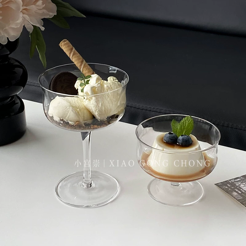 Ly kem sọc dọc mùa hè, ly kem kiểu ins đơn giản, ly thủy tinh cao, ly sữa chua, ly pudding