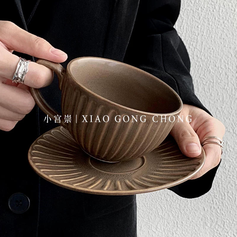 Tách trà và đĩa kiểu Scandinavian, bộ trà chiều cổ điển dùng trong nhà, tách trà hoa văn tinh tế, tách latte nghệ thuật gốm sứ