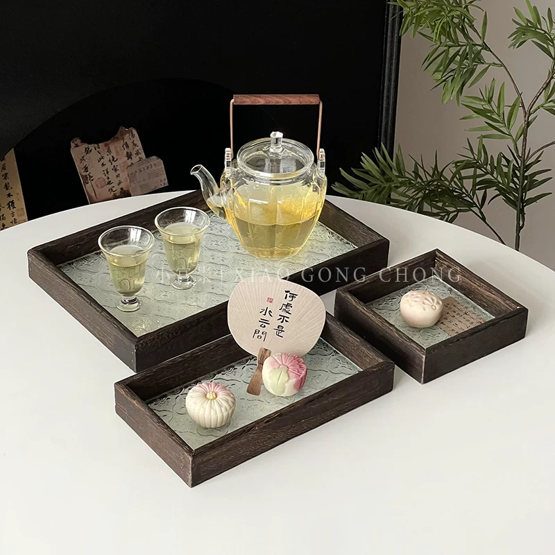 Khay thủy tinh hoa mẫu đơn kiểu Trung Hoa, đĩa gỗ hình chữ nhật cổ điển, khay đựng trái cây gia dụng, khay trà, khay đựng đồ