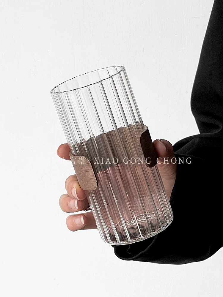 Ly cà phê treo tai chất lượng cao, ly cà phê đá Mỹ, ly thủy tinh sọc dọc gia dụng, ly trà cách nhiệt, ly uống nước.