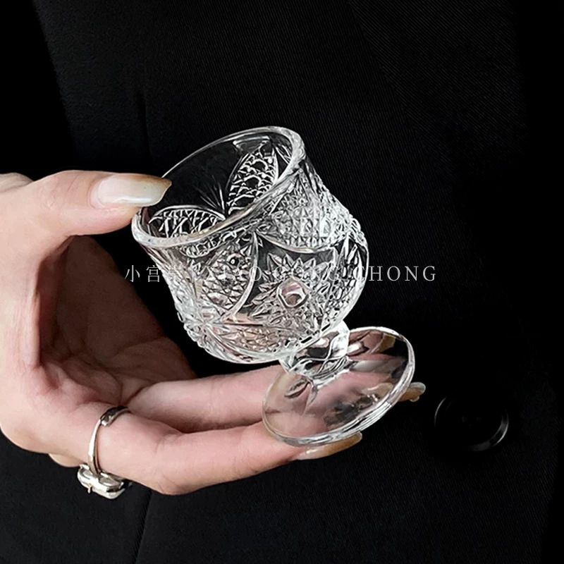 Ly rượu vang trắng khắc họa tiết cổ điển, ly rượu sake mini, ly rượu kiểu wabi-sabi, ly rượu nhỏ