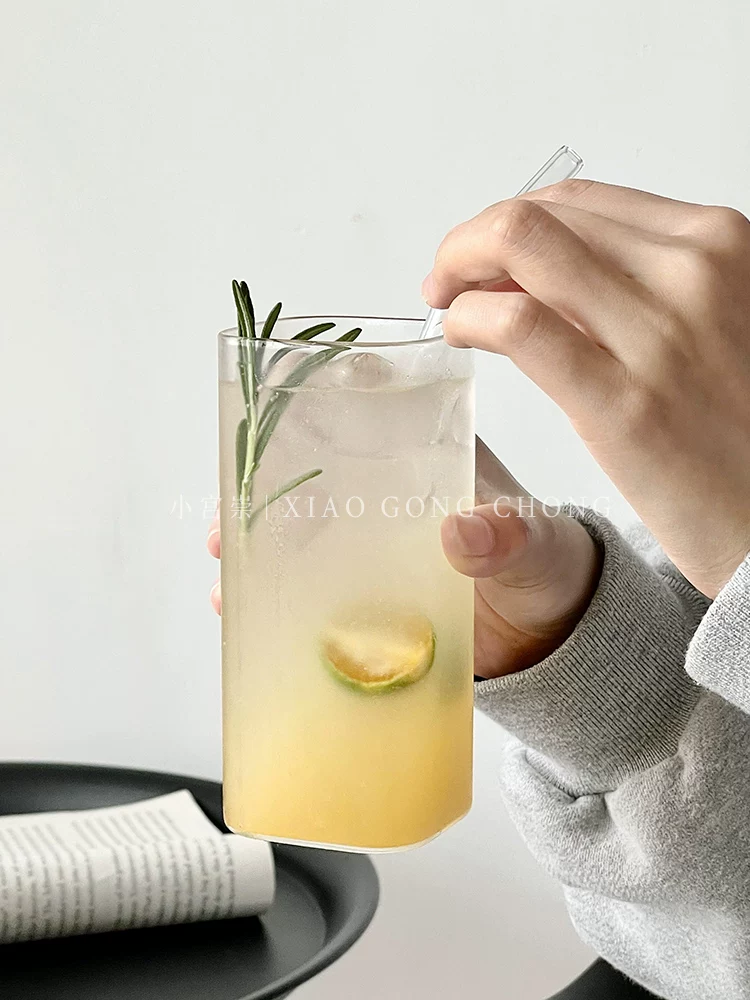 Ly thủy tinh vuông đơn giản dùng trong gia đình, ly nước ép mùa hè trong suốt, ly uống nước lạnh, ly cà phê, ly sữa, ly uống nước.