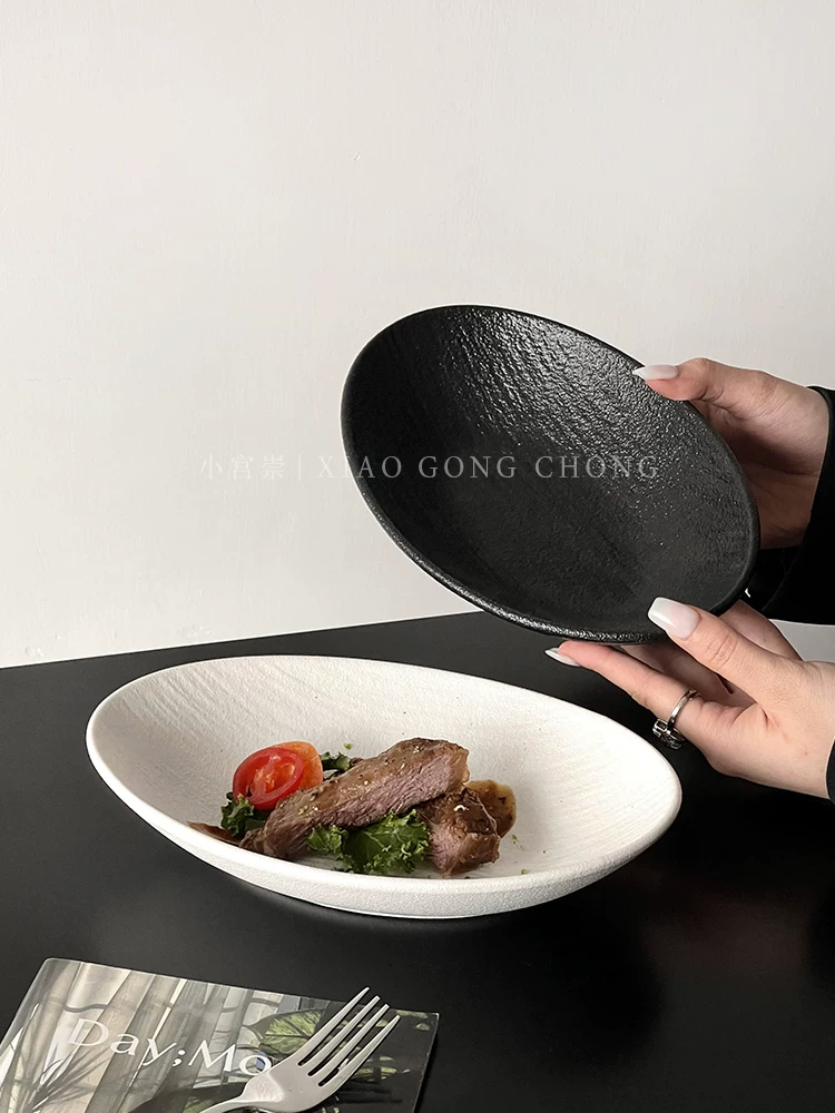 Đĩa gốm hình bầu dục họa tiết đá sáng tạo dùng trong gia đình, đĩa kiểu Tây cao cấp, đĩa steak, đĩa cá, đĩa rau, đĩa salad