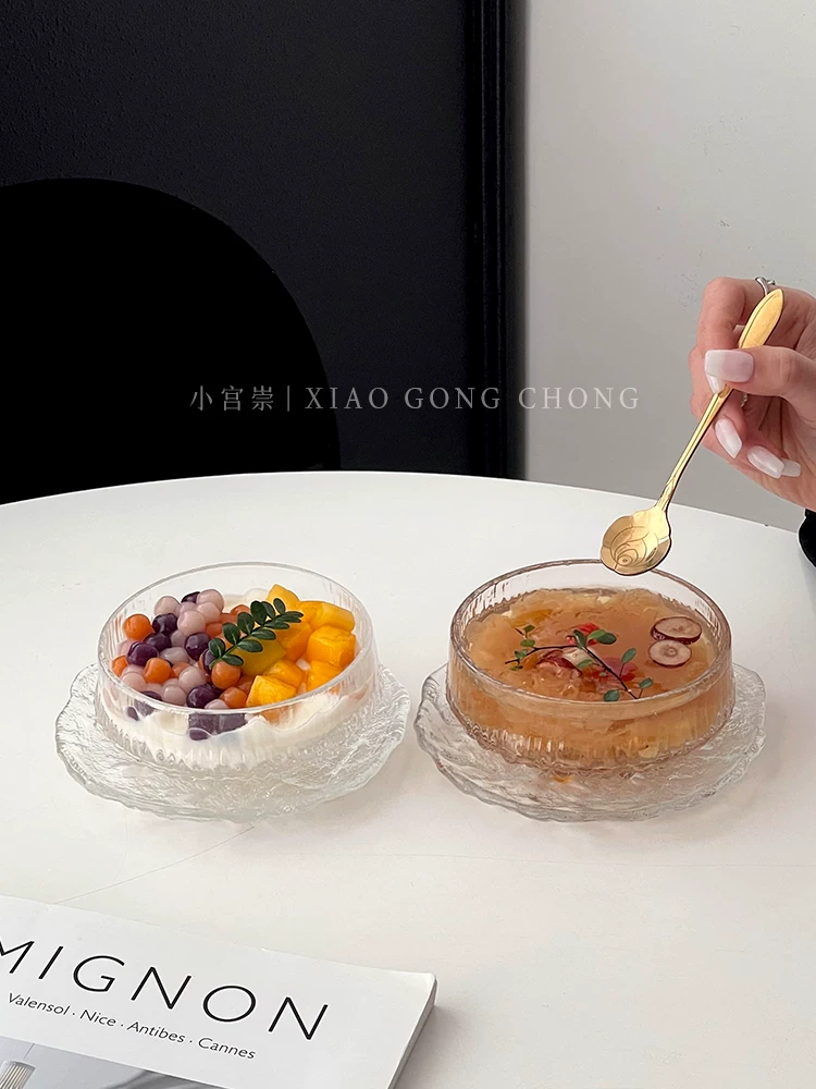Bộ bát đĩa tráng miệng bằng thủy tinh, có giá trị thẩm mỹ cao, thích hợp đựng nước đường, kem, sữa chua, tổ chim, bát ăn nhẹ, bát đá tinh tế và tinh xảo.