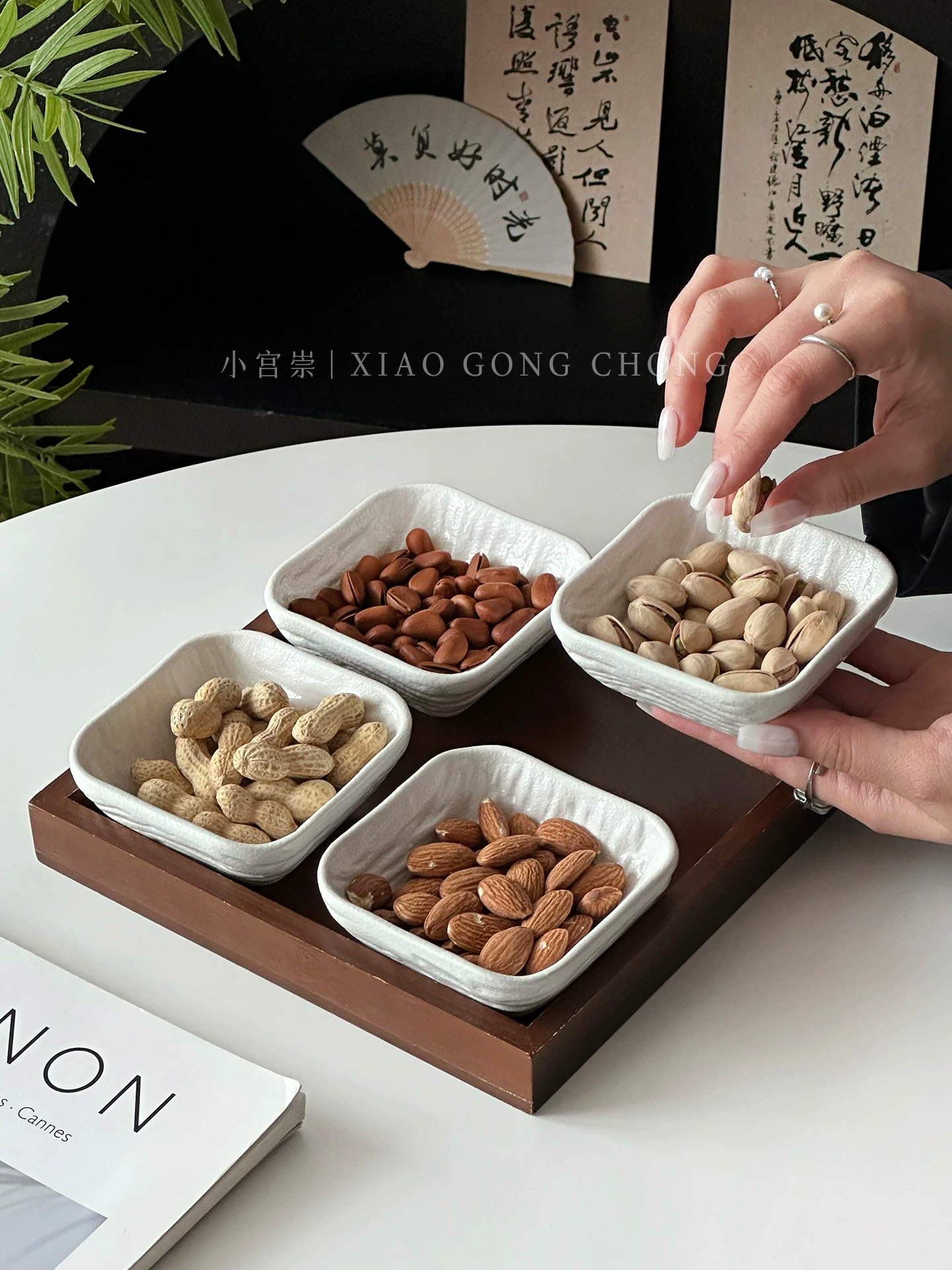 Đĩa đựng trái cây khô bằng gốm có họa tiết đá sáng tạo có ngăn, đĩa đựng trái cây dùng trong gia đình, bàn cà phê phòng khách, đĩa đựng đồ ăn nhẹ, khay đựng đồ ăn nhẹ.