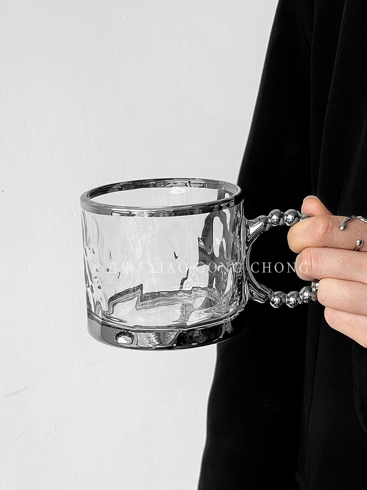 Cốc thủy tinh màu bạc phong cách công nghiệp, cốc cà phê cao cấp có tay cầm, cốc ăn sáng gia đình, cốc, cốc đựng đồ uống